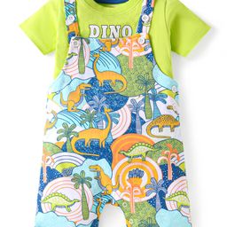 Babyhug Single Jersey Knit Dungaree & Half Sleeves T-Shirt With Dino Print - Green & Multicolor-image-19