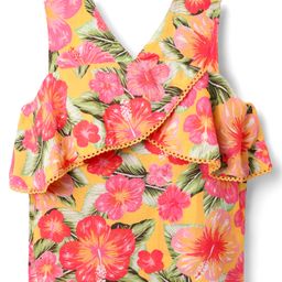 Babyhug Woven Sleeveless Top with Floral Print & Lace Detailing - Yellow & Pink-image-100