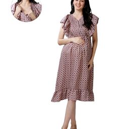 Mom for sure by Ketki Dalal Pure Cotton Sleeveless Floral Printed Maternity Dress With Front Open Nursing Access - Beige-image-85