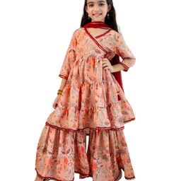 Cutiediva Viscose Three Fourth Sleeves Floral Printed & Lace Embellished Angrakha Styled Kurta & Sharara With Dupatta Set - Peach-image-25