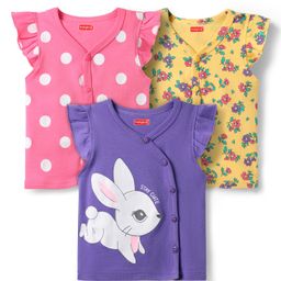 Babyhug 100% Cotton Interlock Knit Frill Sleeves Front Open Vest With Polka Dots & Floral Print Pack Of 3 - Purple Yellow & Pink-image-88