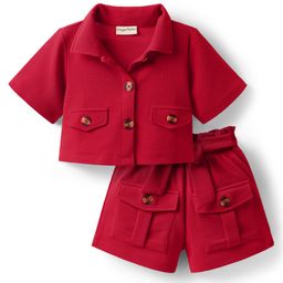 CrayonFlakes Woven Half Sleeves Textured Solid Crop Shirt With Coordinating Shorts Set - Red-image-1