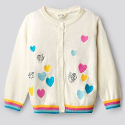 Bonfino 100% Cotton Knit Full Sleeve Front Open Sweater with Heart Embroidery & Sequin Detailing - White-image-90