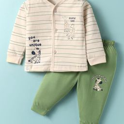 CUCUMBER Sinker Knit Full Sleeves Front Open T-Shirt & Lounge Pant Set With Animal Print - Cream & Green-12