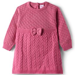 Babyhug Knit Full Raglan Sleeves Knee Length Solid Coloured Woollen Dress With Bow Applique - Pink-image-93