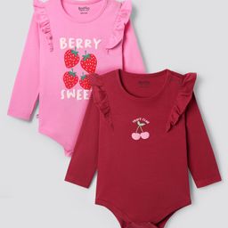 Bonfino 100% Cotton Knit Full Sleeves Onesies with Fruit Print & Frill Detailing Pack of 2 - Red & Pink-image-21