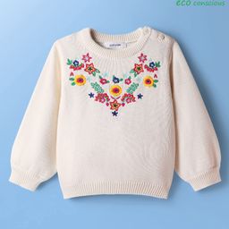Babyoye Cotton Knit Puffed Full Sleeves Pullovers with Floral Embroidery - Off White-picture-14