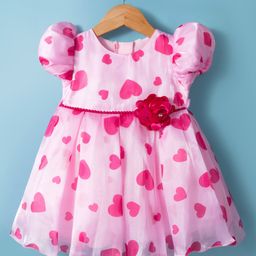 Babyhug Woven Half Sleeves Party Dress With Heart Print & Floral Print - Light Pink-picture-41