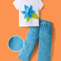 OLLINGTON ST. Cotton Knit Half Sleeves Floral Printed Top & Corduroy Pant Set - White & Light Blue-picture-27