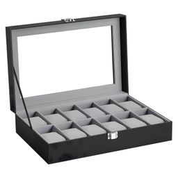 COZY VIBES 12 Slots Watch Box, Display Box, Glass Lid, Removable Pads, Metal Lock, Black Coating and Grey Lining- PACK OF 1- COLOR MAY VARY-picture-9
