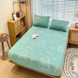 JC HOME Green & White Cartoon Characters 220 TC King Bedsheet with 2 Pillow Covers-image-96