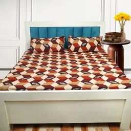 Adwitiya Beige & Red Geometric 210 TC Queen Bedsheet with 2 Pillow Covers-23