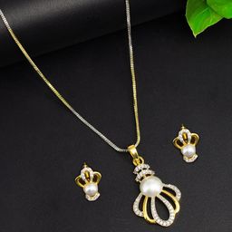 PRIVIU Gold Plated AD Studded Crown Shaped Pendant & Earring Set-image-22
