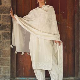 Chidiyaa Safed Ashen Lace Ethnic Motifs Block Printed Pure Cotton Dupatta-17