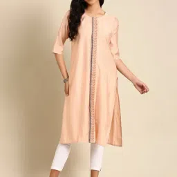 SHOWOFF Peach Cotton Embroidered Straight Kurta-image-58