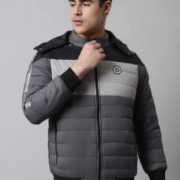 Cantabil Grey & Black Regular Fit Quilted Puffer Jacket-image-103