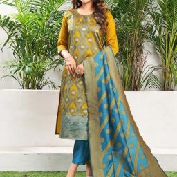 Skylee Yellow Woven Pattern Kurta Pant Set With Dupatta-image-13