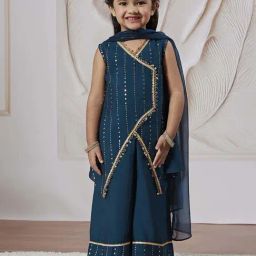 VASTRAMAY Girls Turquoise Kurta with Palazzo Set With Dupatta-image-66