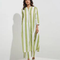 Utsa by Westside Olive Stripe Printed A-Line Cotton Kurta-63