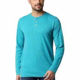 Basics Blue Muscle Fit Texture Henley T-Shirt-image-64