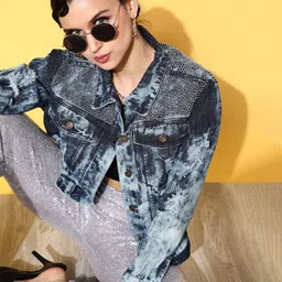 SASSAFRAS Women Gorgeous Blue Washed Crafted Denim Jacket-53