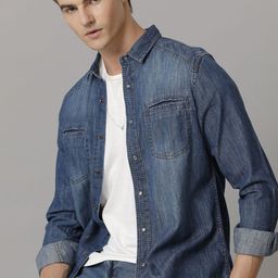 TEMPLE OF DENIM Men India Slim Spread Collar Solid Denim Casual Shirt-image-56
