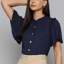 Chemistry Women Navy Blue Mandarin Collar with Ruffles detail Shirt Style Top-image-29