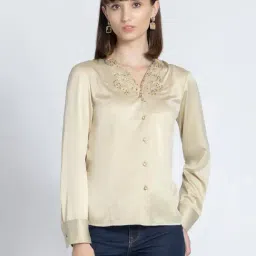 SHAYE Beige Embellished Casual Shirt-image-27