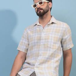 Crimsoune Club Beige Cotton Slim Fit Chequered Shirt-image-95