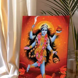 Art Street Orange Canvas Spiritual Devi Kali Stretched Pooja Room Temple Painting-picture-33