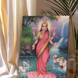 Art Street Blue Canvas Spiritual Goddess Lakshmi Stretched Pooja Room Temple Wall Art-picture-42