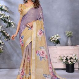 HERE&NOW Purple Printed Linen Blend Jamdani Sarees-picture-47