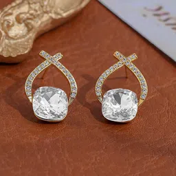 Krelin Gold-Plated Cubic Zirconia Studded Contemporary Shaped Drop Earrings-image-17