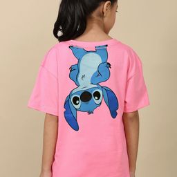 Kids Ville Girls Lilo & Stitch Humour & Comic Printed Pure Cotton Oversized Casual T-shirt-image-45