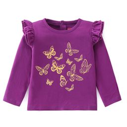 Babyhug Cotton Knit Full Sleeves T-Shirt Butterfly Graphic Print & Frill Detailing - Purple-picture-47