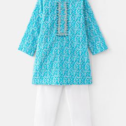 Babyhug Cotton Woven Full Sleeves  Foil Printed Kurta & Pyjama Set - Blue-image-60