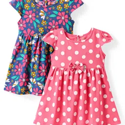 Babyhug 100% Cotton Single Jersey Knit Cap Sleeves Frock Bear Print Pack Of 2 - Red & Beige-picture-27