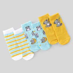 Cute Walk by Babyhug Anti Bacterial Ankle Length Socks with Striped & Teddy Bear Design - Blue Yellow & White-image-3
