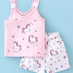 Doreme Single Jersey Knit Sleeveless Night Suit With Unicorn Print - Pink & White-image-17