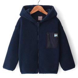 Little Kangaroos Fleece Knit Full Sleeves Solid Hooded SweatJacket - Navy-image-59