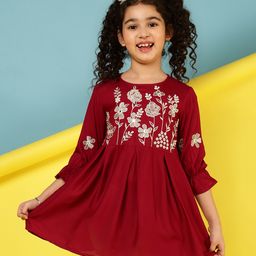 ISHTI Rayon Three Fourth Sleeves Floral Embroidered Top - Maroon-image-82