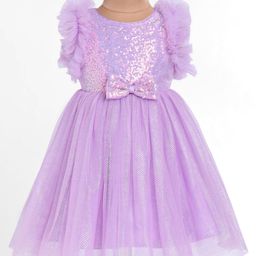 Babyhug Woven Sleeveless Sequined Fit & Flared Party Frock with Bow Applique & Frill Detailing - Lavender-image-23