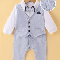 Mark & Mia Full Sleeves Printed Party Romper with Attached Waist Coat & Bow - Greyish Blue-image-95