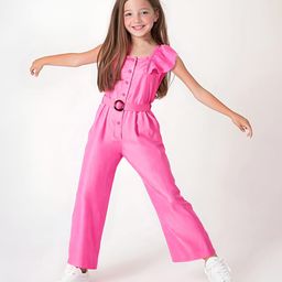Primo Gino 100%Viscose Woven Frill Sleeves Solid Colour Jumpsuit with Fabric Belt - Dark Pink-picture-39
