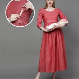 Dummy Shape Three Fourth Sleeves Maternity Flared Kurta With Nursing Access & Abstract Embroidered Attached Belt - Red-image-74