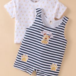 ToffyHouse Cotton Knit Striped Dungaree Style Romper & Half Sleeves T-Shirt With Dog Print & Patch - Navy Blue-image-33
