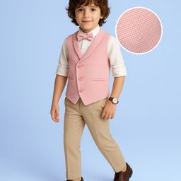 Babyhug Knit Full Sleeves 3 Piece Soild Color Party Suit - Peach & White-image-41