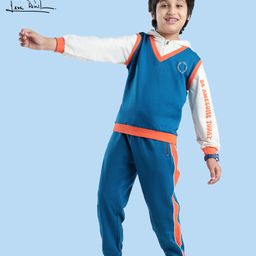 Arias Cotton Loop Knit Full Sleeves Hooded Sweatshirt & Joggers Set With Text Print - Blue & White-image-87