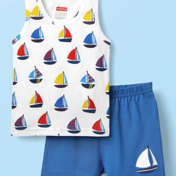 Babyhug 100% Cotton Sleeveless Nautical Printed Sando & Shorts Set - Blue & White-picture-14
