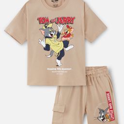 Nap Chief Pure Cotton Warner Bros Featuring Half Sleeves Tom & Jerry Printed Tee & Coordinating Shorts Set - Brown-image-72